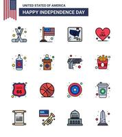 16 USA Flat Filled Line Signs Independence Day Celebration Symbols of alcohol american usa love world Editable USA Day Vector Design Elements