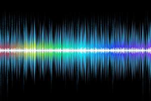 Abstract colorful rhythmic digital sound wave with binary code on black background. Sound waveform. Digital information photo