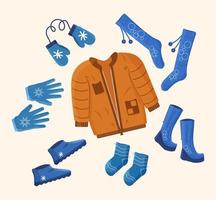 Clothes set winter and autumn. Mittens, gloves, boots, socks, stockings, jackett Vector illustration