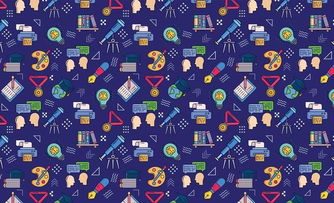School education seamless pattern from education, steady learning Digital illustration with Dark background,