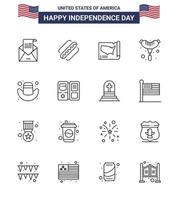 Group of 16 Lines Set for Independence day of United States of America such as cap sausage states frankfurter usa Editable USA Day Vector Design Elements