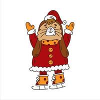 Cute doodle bunny in Santa hat and skate shoes. Christmas funny character vector