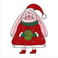 Doodle Christmas rabbit with gift. Cute hare character vector