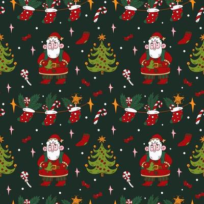 Doodle X-mas Seamless pattern with cute cartoon Santa, Christmas tree, garlands, lollipop, candy, stars