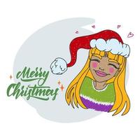 Cute girl wearing santa hat, smile, character design vector