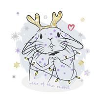 Cute rabbit in a garland, with golden horns, year of the rabbit, handwritten inscription vector