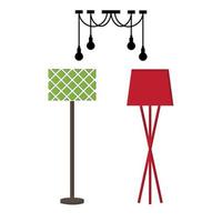 Furniture chandelier, floor and table lamp in flat cartoon style. A set of lamps on a white background. Chandeliers, illuminator, flashlight - elements of a modern interior. Vector illustration.