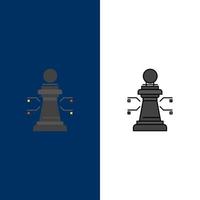 iconos de juego de estrategia de portátil de ajedrez plano y conjunto de iconos llenos de línea vector fondo azul