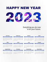 Calendar 2023 template vector, fluid neon gradient. Planner 2023 year, Papper cut wall calendar 2023 year. Liquid shape design. Week Starts sunday, 12 month, advertisement, printing, stationery. vector