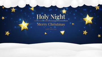 Blue sky with clouds Christmas background banner with 3d realistic golden stars sparkle. Light shining. Holy night horizontal gorgeous Christmas card. Winter season flyer Merry Christmas and New Year. vector
