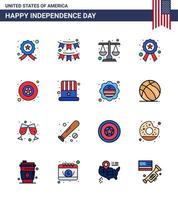 USA Happy Independence DayPictogram Set of 16 Simple Flat Filled Lines of badge star garland police scale Editable USA Day Vector Design Elements