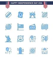 Blue Pack of 16 USA Independence Day Symbols of flag party ice grill barbecue Editable USA Day Vector Design Elements