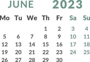 calendario 2023. mes junio. vector