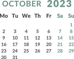 calendario 2023. mes octubre. vector