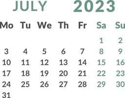 calendario 2023. mes julio. vector