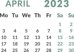 Calendar 2023. Month April. vector