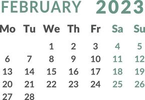 Calendar 2023. February month. vector