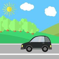 coche negro en una carretera en un día soleado. ilustración de viajes de verano. vector