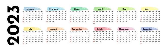 Horizontal calendar for 2023 isolated on a white background. Sunday to Monday, business template. Vector illustration