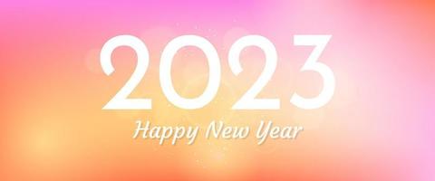 Happy new year 2023 incription on blurred background. White numbers on backdrop with confetti, bokeh and lens flare. Vector illustration