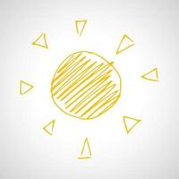 Hand drawn sun. Simple sketch sun. Solar symbol. Yellow doodle isolated on white background. Vector illustration.