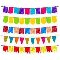 Colorful flags and bunting garlands for decoration. Decor elements with various patterns. Vector illustration