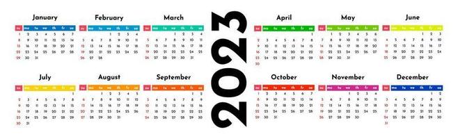 Horizontal calendar for 2023 isolated on a white background. Sunday to Monday, business template. Vector illustration