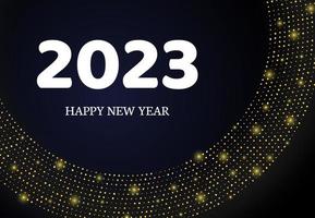 2023 Happy New Year of gold glitter pattern in circle form. Abstract gold glowing halftone dotted background for Christmas holiday greeting card on dark background. Vector illustration