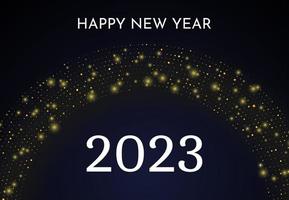 2023 Happy New Year of gold glitter pattern in circle form. Abstract gold glowing halftone dotted background for Christmas holiday greeting card on dark background. Vector illustration