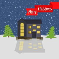 Winter night with lonely house and stellar sky and a red ribbon with the inscription Happy Christmas. Vector illustration.