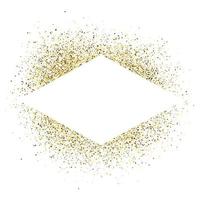 Greeting card with white rhombus frame on golden glitter background. Empty white background. Vector illustration.