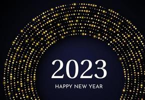 2023 Happy New Year of gold glitter pattern in circle form. Abstract gold glowing halftone dotted background for Christmas holiday greeting card on dark background. Vector illustration