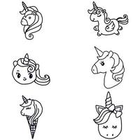 Set of unicorns drawing doodle. vector