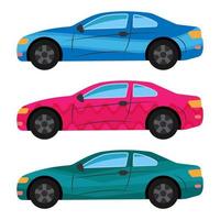 A set of three cars painted in different colors. Vector illustration