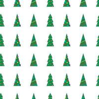 Christmas seamless pattern with green Christmas trees with colorful toys, balls and garlands. Vector illustration