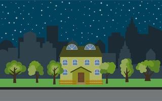 Vector city with two-story cartoon houses and green trees at night. Summer urban landscape. Street view with cityscape on a background