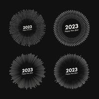 juego de cuatro fuegos artificiales con inscripción 2023 y feliz año nuevo. explosión con rayos de línea tarjeta de navidad aislada sobre fondo negro. ilustración vectorial vector