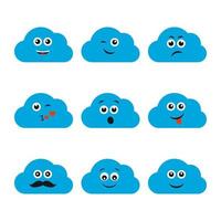 Set of clouds with smiles. Nine blue clouds with different smiley. Vector illustration