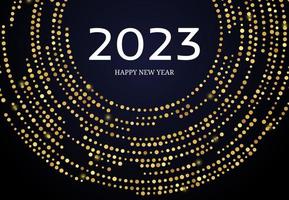 2023 Happy New Year of gold glitter pattern in circle form. Abstract gold glowing halftone dotted background for Christmas holiday greeting card on dark background. Vector illustration