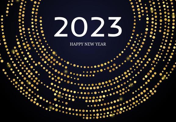 2023 Happy New Year of gold glitter pattern in circle form. Abstract gold glowing halftone dotted background for Christmas holiday greeting card on dark background. Vector illustration