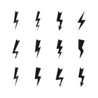 Set of twelve dark thunderstorms. Thunderbolt and high voltage black icons on white background. Vector illustration.