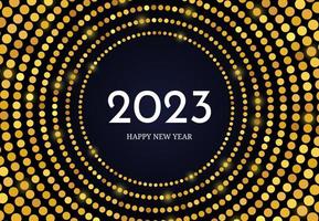 2023 Happy New Year of gold glitter pattern in circle form. Abstract gold glowing halftone dotted background for Christmas holiday greeting card on dark background. Vector illustration