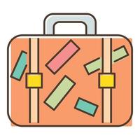 Brown travel suitcase with stickers icon vector