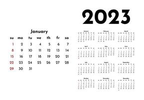 Calendar for 2023 isolated on a white background. Sunday to Monday, business template. Vector illustration