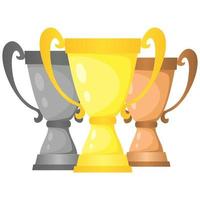 Set of vector trophy champion cups in gold, silver and bronze. Championship prizes for first, second and third place. Victory symbols isolated on white background.