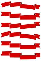 Set of six red cartoon ribbons for web design. Great design element isolated on white background. Vector illustration.