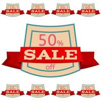 Set of discount stickers. Quadrangular badges with red ribbon for sale 10 - 90 percent off. Vector illustration.