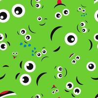 Cartoon faces with emotions. Seamless pattern with different emoticons on green background. Vector illustration