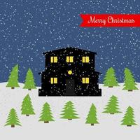 Winter night with lonely house and falling snow and a red ribbon with the inscription Happy Christmas. Vector illustration.