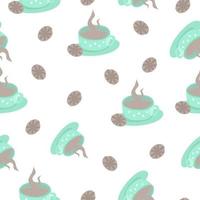 Seamless pattern with hot drink and cookies on a white background. Coffee theme in vector